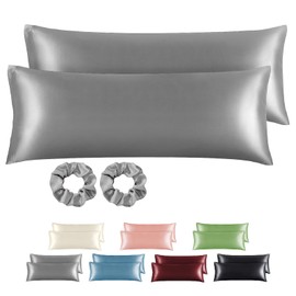 BEDELITE Pack of 2 satin cushion covers, 40 x 145 cm, grey, 2 satin pillowcases with 2 hair ties, soft as silk pillowcase, better care than silk pillose case