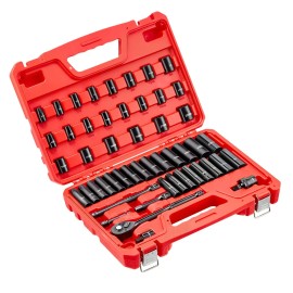 50-Piece 3/8 in Drive Impact Socket Set 6 Point Deep Shallow SAE & Metric (8 to 22) Model D0100XFPT07Square Size: 3/8", Quantity: 50 PCS