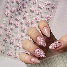 5D Embossed Flower Nail Stickers for Nails Art White Pink Spring Summer Sakura Self-Adhesive Design Nail Decals Cute Flowers Nail Sticker for Women Girls DIY Salon Manicure Decoration Supplies