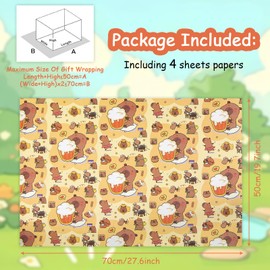Capybara Birthday Wrapping Paper For Kids Girls Boys, Lovely Capybaras Gift Wrap Paper for Birthday or Baby Shower, 4 Sheets Folded Flat 50x70 cm Per Sheet
