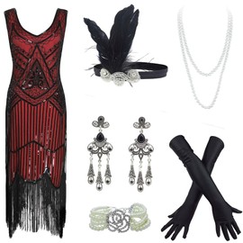 FUNDAISY 20s Flapper Gatsby Sequin Beaded Evening Cocktail Dress with Accessories Set