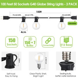 Mlambert 300Ft(3x100Ft) LED Outdoor String Lights Dimmable Waterproof G40 Globe Patio Lights with 150+7 Warm White Bulbs for Backyard Cafe-Black Cord