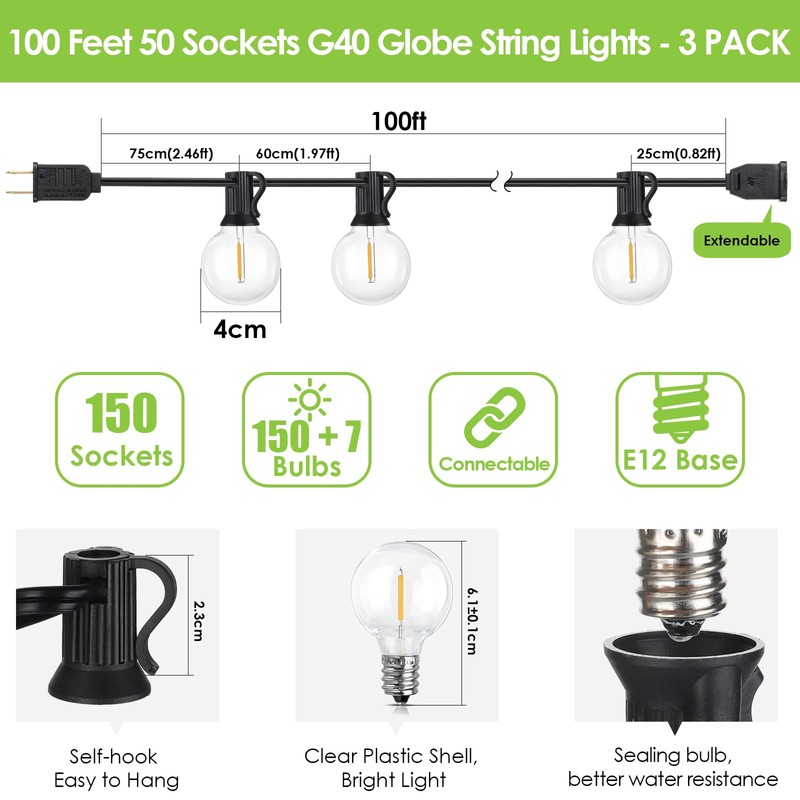 Mlambert 300Ft(3x100Ft) LED Outdoor String Lights Dimmable Waterproof G40 Globe