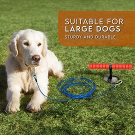 Sliridog Heavy Duty Dog Stake - 15" Solid Steel Ground Anchor with 30ft Blue Rope - for Large Dogs Up to 180lbs - Perfect for Yard, Outdoor, Camping, Tent (14mm Diameter, 5mm Rope)