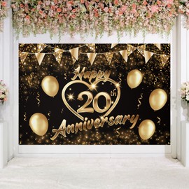 Happy 20th Anniversary Backdrop Banner Decor Black Gold – Glitter Love Heart Happy 20 Years Wedding Anniversary Party Theme Decorations for Women Men Supplies