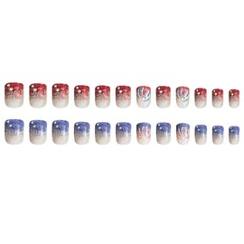 24Pcs Independence Day Press on Nails Short Square Fake Nails with Red Blue Glitter French Tips Design Star Firework False Nails Glossy Nude Acrylic Nails 4th of July Patriotic Glue on Nails for Women