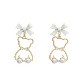 Adorable Bear Pearl Drop Earrings with Bow and Pearl, Cute Little Bear Ribbon Bow Ear Clip for Women - Needle-White