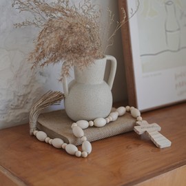 RUIRUICO Wood Bead Garland with Tassels, Blessed Decor with Wooden Cross, Decorative Beads Home Decor, Beaded Cross Decor (27 Inches)