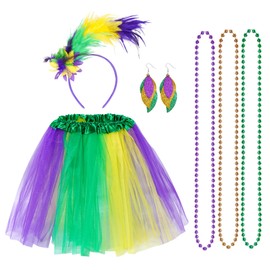 Mardi Gras Costume Accessory Set Tutu Skirt, Faux Feather Headband, Mask,Mardi Gras Beads,Feather Boa for Women and Girls (Style 5) Silver