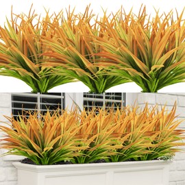 Dehoxara 24Pcs Artificial Grass Plant Fake Outdoor Plastic Plants UV Resistant Faux Grasses Greenery Shrubs for Window Box Garden Patio Porch Home Decor Yellow