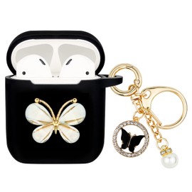 Wonhibo for Airpods Case for Women Girls, Cute Butterfly Cover for Airpod 1 & 2 with Keychain (Black)