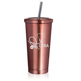 Rose Gold 16 oz Stainless Steel Double Wall Insulated Tumbler Pool Beach Cup Travel Mug With Straw CRNA Nurse Anesthetist Anesthesiology