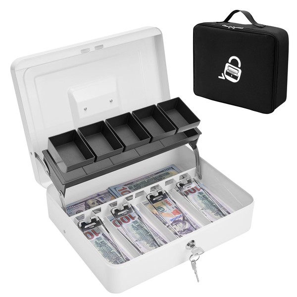 Zynkora Locking Cash Box with Carry Bag, Metal Money Box
