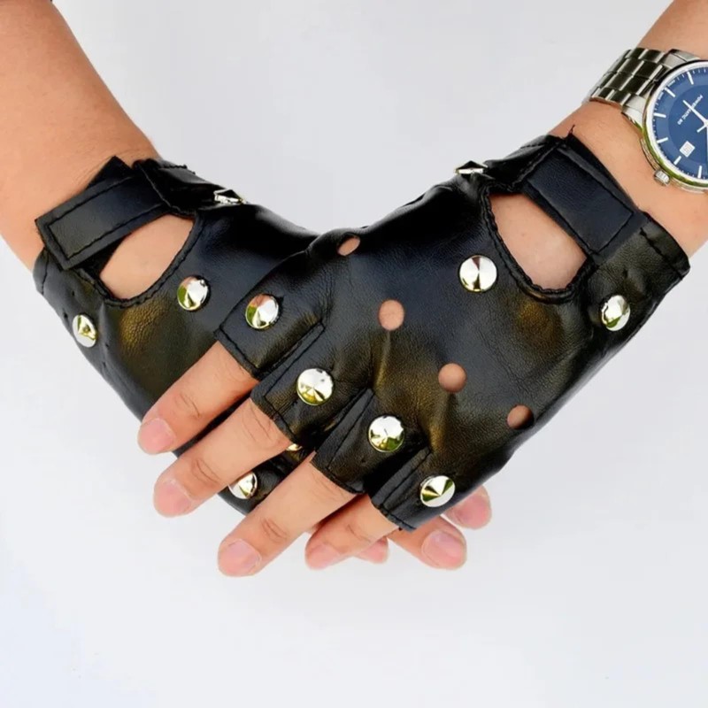 SELECOCO Studded Fingerless Gloves, Punk Rock, PU Leather, Half Finger