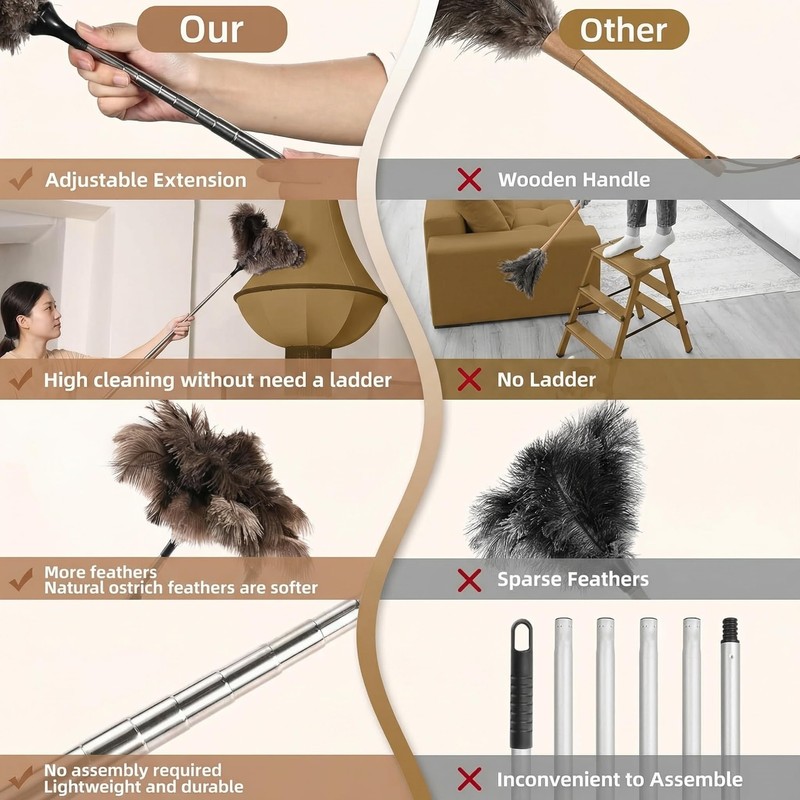 Extendable Ostrich Feather Duster 26"-79", Real Fluffy Ostrich Feather Duster,