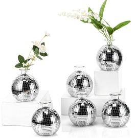 Layhit 6 Pcs Disco Ball Vase for Flower and Plant 4 Inch Small Glass Vase Mini Disco Ball Planter Silver Mirror Vase for Indoor Outdoor Wedding Birthday Home Bedroom Kitchen Office Decoration