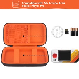 Supmay Hard Travel Case for My Arcade Atari Pocket Player Pro, Portable Video Game System Handheld Game Protection Case with Mesh Pocket for Batteries and USB-C Cable, Black+Orange