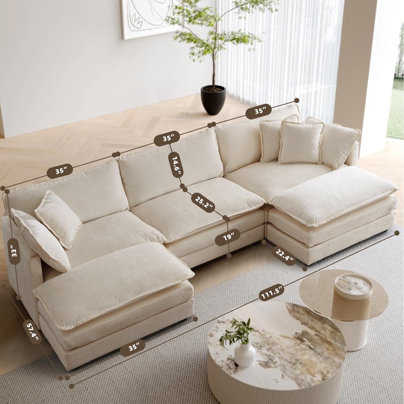 SoarFlash Chenille Sectional Sofa Ottoman,Light Coffee
