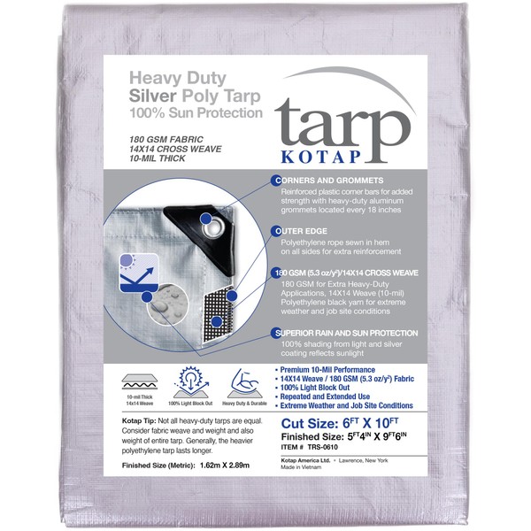 Kotap 6 x 10 Ft. Heavy-Duty Protection/Coverage Tarp, Superior Weave for Greater Longevity, 10-mil Multi-Use, Waterproof, TRS-0610, Silver (1-Pack)