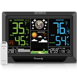 DreamSky Weather Station Indoor Outdoor Thermometer Wireless, Atomic Clock with Indoor Outdoor Temp, Date Day, Adjustable Backlight, Inside Outside Temperature Humidity Monitor for Home