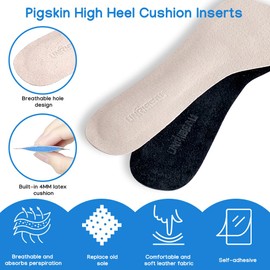 Unribeau 3/4 Pigskin Shoe Inserts for Women, Self-Adhesive Arch Support Sandal Inserts Women, Anti-Slip Leather High Heel Cushioning Insoles, Relieve & Prevent Shoe Discomfort (2 Pairs, Black, Medium)