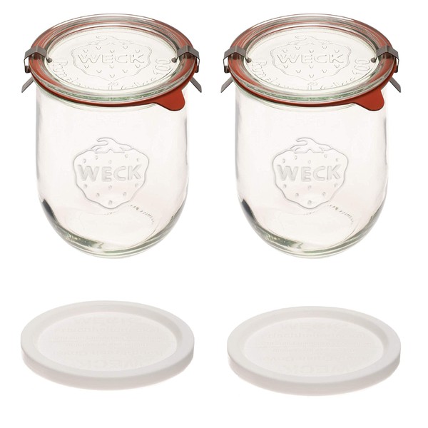 Weck Jars - 1 Liter - Large Sour Dough Starter Jars - Tulip Jar with Wide Mouth - Suitable for Canning and Storage - 2 Sourdough Jars with (Jars, Glass Lids & Keep Fresh Covers)