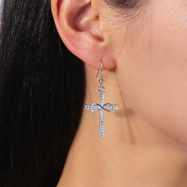 Inilbran Boho Rhinestone Cross Earrings Vintage Crystal Cross Drop Earrings Gold Infinity Cross Religious Earring Sparkling Crystal CZ Cross Hook Earrings for Women and Girls, Zinc