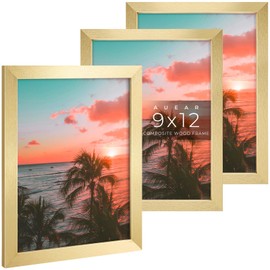 AUEAR, 9x12 Picture Frames Set of 3, with Mat for 6x8 or 9x12 without Mat, Engineered Wood Photo Frames with Plexiglass, Wall Mounting (Gold)