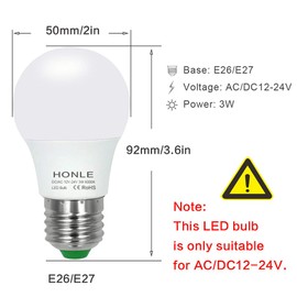 Honle E26 LED Light Bulbs 3W 12V Low Voltage Daylight White 6000K Edison Standard Screw Base 25W Equivalent for Rv, Boat, Off Grid Solar Panel Project, Pack of 2