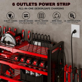 NattyDot Power Tool Organizer Wall Mount with Charging Station 4 Layer 6 Slot Cordless Drill Holder with Angle Grinder Holder (Red)