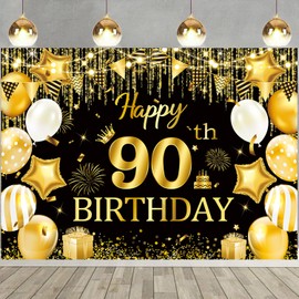 Happy 90th Birthday Backdrop Glitter Black and Gold 90th Birthday Photography Backdrop for Adult Fabulous 90 Bday Party Decoration Photo Booth Background 6x4ft