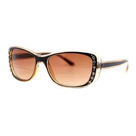 PASTL Womens Bifocal Reading Lens Sunglasses Rhinestone Rectangular Frame Brown +2.5