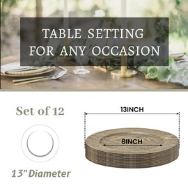 MAONAME Round Charger Plates Set of 12, 13 Inch Plastic Charger for Dinner Plates, Farmhouse Faux Wood Plate Chargers, Rustic Table Chargers for Weddings, Parties, Family Dinners