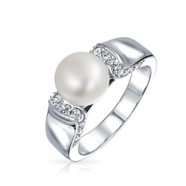 Bling Jewelry Freshwater Cultured Button Pearl Statement Promise Ring Pave CZ Art Deco Style Rhodium Plated