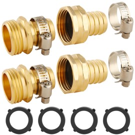 2 Set Brass Garden Hose Repair Connector Kit with Clamps, Fit for 3/4" Garden Hose Fitting,3/4'' Barb x 3/4'' GHT Garden Hose Adapter/Fittings, Water Hose Repair Kit