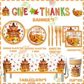 Thanksgiving Disposable Dinnerware, 142Pcs Turkey Thanksgiving Plates and Napkins includes Thanksgiving Plates Thanksgiving Turkey Napkins Give Thanks Banner for Thanksgiving Friendsgiving Decorations