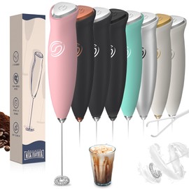 Heylotie Milk Frother Wand Coffee Frother Handheld Drink Mixer Handheld with 2 Whisks Electric Whisk Stirrers Electric Milk Frother for Coffee Mixer Wand Milk Foamer-Pink