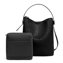 DSGUTWO Woven Tote Bag for Women Vegan Leather Shoulder Bags Top Handle Handbag, and Purses (With Purse, Black)
