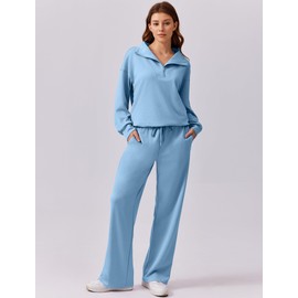 PINSPARK Womens 2 Piece Outfits Sweatsuit Set 2025 Fall Drawstring Sweatshirt Wide Leg Sweatpant Lounge Set Tracksuit, Sky Blue S