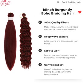 Short Burgundy Braiding Hair Pre Stretched Knotless Braiding Hair for Boho Braids(6 Packs 16Inch)