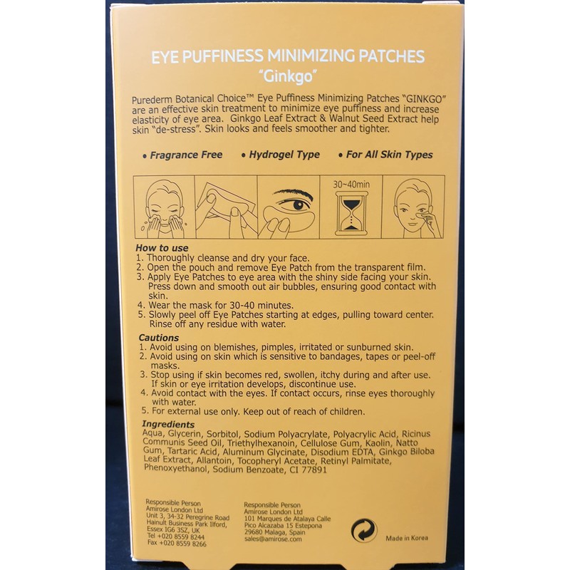 Purederm Eye Puffiness Minimizing Ginkgo Eye Patches (4 Treatments)