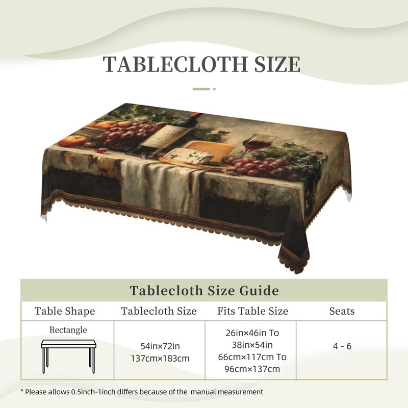 JIANKESEN Retro Wine Bottles Glasses and Grapes Tablecloth Rectangle Cheese