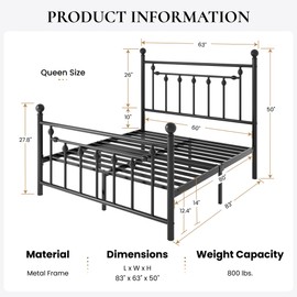 SHA CERLIN 14'' Queen Size Metal Platform Bed Frame/Victorian Headboard and Footboard/Steel Slats Mattress Foundation for Storage/No Box Spring Needed/Noise Free/Black