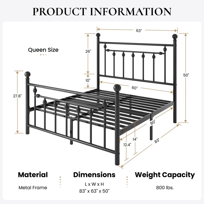 SHA CERLIN 14'' Queen Size Metal Platform Bed Frame/Victorian Headboard