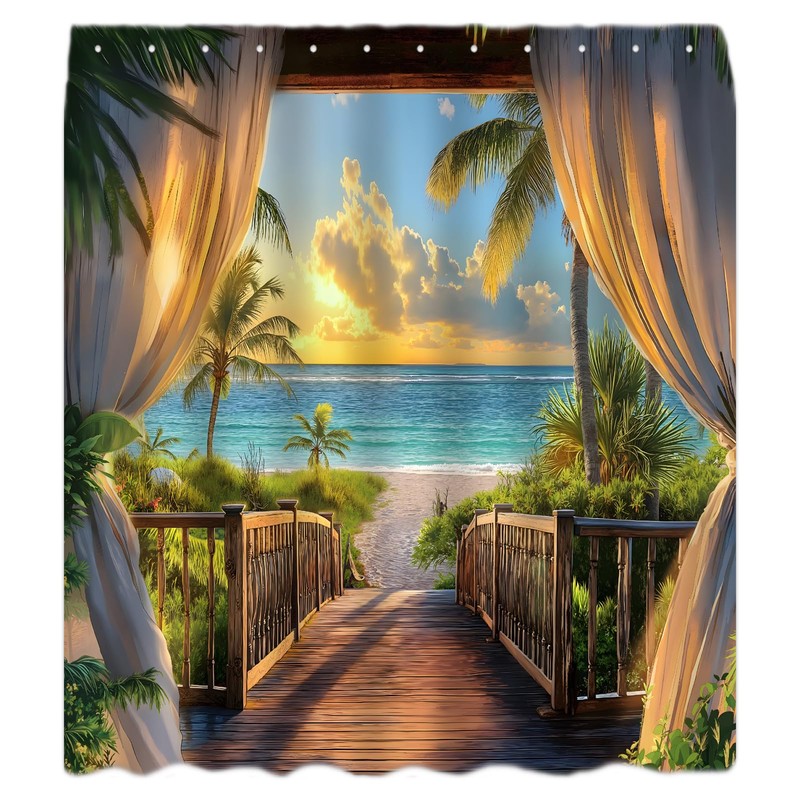 KDYDK Ocean Beach Shower Curtain Teal Orange Sea Sunset View