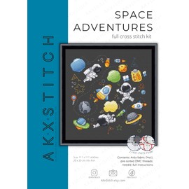 AKxStitch Astronaut Nursery Baby Boy Cross Stitch Kit / Embroidery Pattern & DMC Threads, Aida, Cute Easy Space Rocket Ship Embroidery Pattern and Supplies