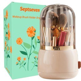 Septseven Cosmetic Make Up Organiser, 360° Rotating Brush Organiser with Lid, Cosmetic Rack, Cosmetic Organisers for Room Decor, Dressing Table, Bedroom, Bathroom (Pink)