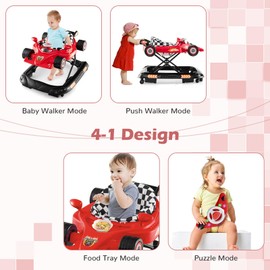 BABY JOY 4-in-1 Baby Walker, Foldable Activity Walker with Adjustable Height, Music & Lights, Anti-Rollover, Toddler Push Walker, Baby Walker with Wheels for Boys Girls 6-14 Months (Red)