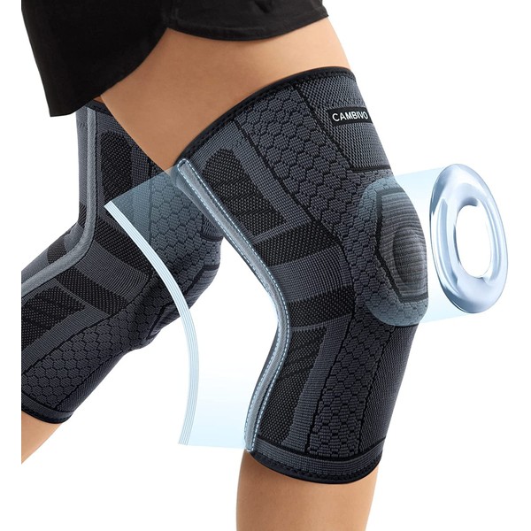 CAMBIVO 2 Pack Knee Braces for Knee Pain Women and Men, Knee Compression Sleeve with PMMA Side Stabilizers and Patella Knee Pads, Knee Support for Meniscus Tear, Arthritis, ACL, Joint Pain Relief, Running, Volleyball (Black Grey,XL)