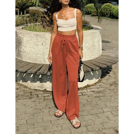 PINSPARK Women's Wide Leg Sweatpants Drawstring Baggy Sweatpants High Waisted Casual Trousers with Pockets Caramel Colour M